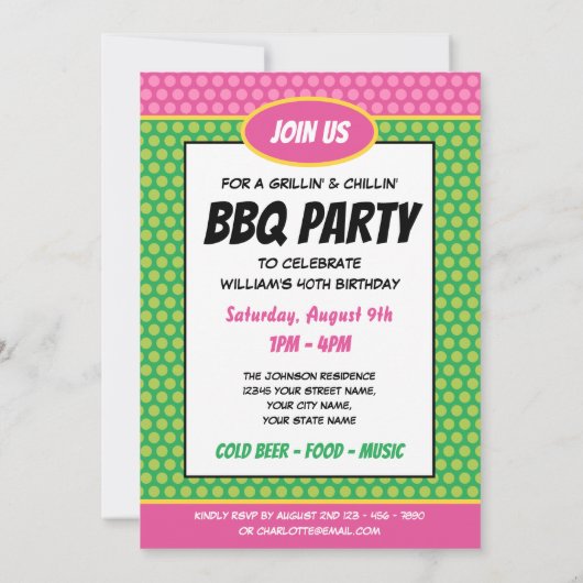 おもしろい漫画スタイルAny Age Birthday Party BBQ 招待状 (裏面)