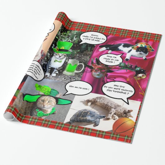 おもしろい漫画ストリップ風変わり/話し猫,赤タータンチェック ラッピングペーパー (アンロールド)