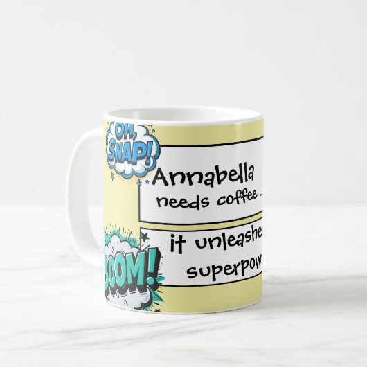 おもしろい漫画ブックアクション単語の吹き出し コーヒーマグカップ (正面左)