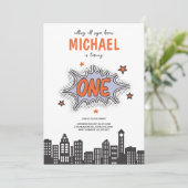 おもしろい漫画ブックスーパーヒーロー1st誕生日招待状 招待状 (スタンド正面)