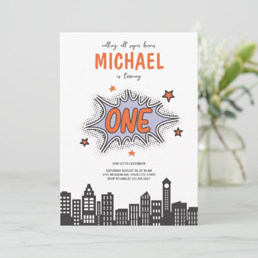 おもしろい漫画ブックスーパーヒーロー1st誕生日招待状 招待状 (スタンド正面)