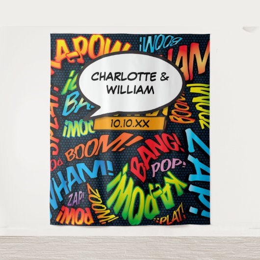 おもしろい漫画ブック結婚のフォトブースの背景 タペストリー (正面)