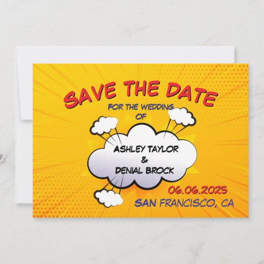 おもしろい漫画本結婚式の日付を保存 招待状 (正面)