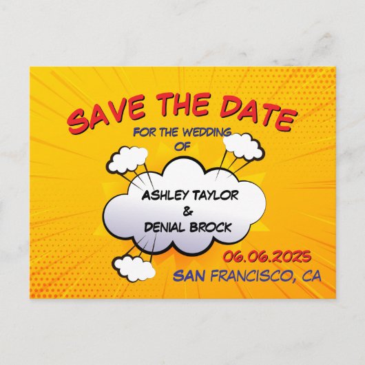 おもしろい漫画本結婚式の日付を保存 案内ポストカード (正面)