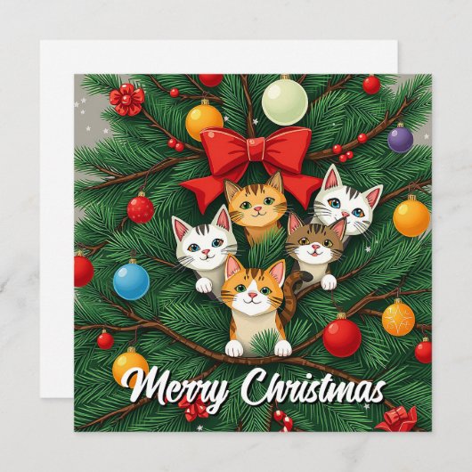 おもしろい漫画猫お洒落メリークリスマスツリー シーズンカード (正面/裏面)