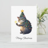 おもしろい漫画猫お洒落メリークリスマスツリー シーズンカード (スタンド正面)