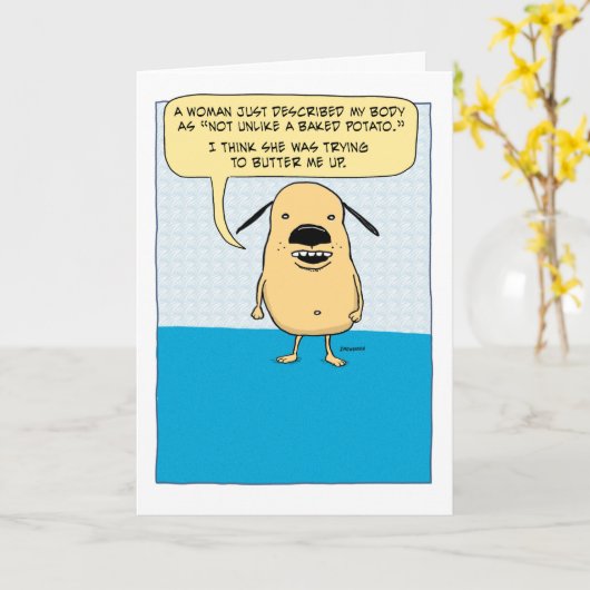 おもしろい焼いたポテトドッグの誕生日カード カード (黄色い花)