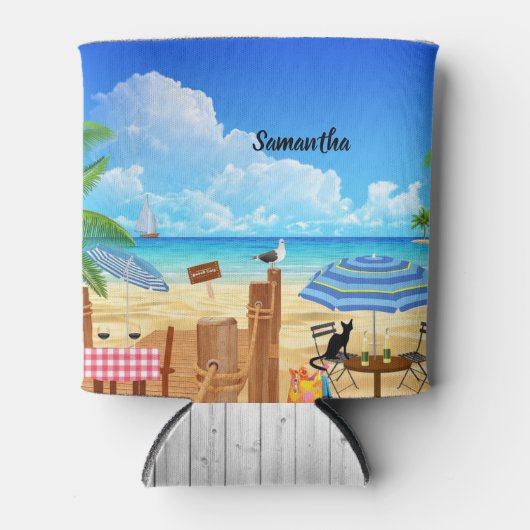 おもしろい熱帯夏ビーチ店パーソナライズされた 缶クーラー (正面)