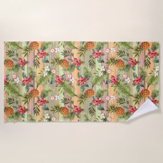 おもしろい熱帯性パイナップル果実花パターン ビーチタオル (正面)