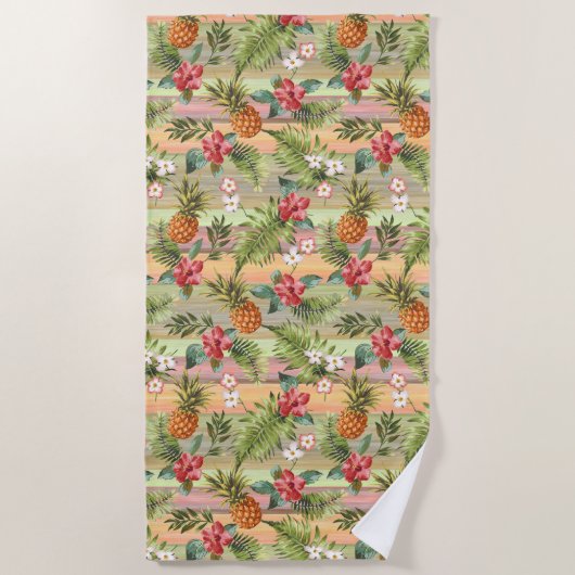 おもしろい熱帯性パイナップル果実花パターン ビーチタオル (正面)