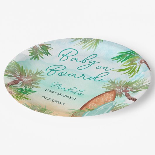 おもしろい熱帯性ヤシの木のビーチベビーオンボードシャワー ペーパープレート (アングル)