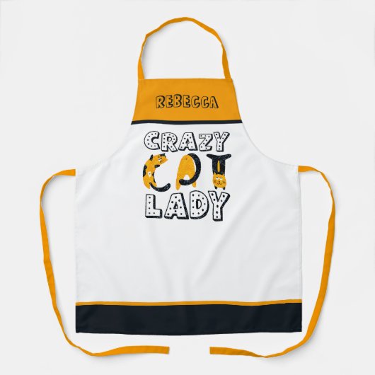 おもしろい熱狂するキャットレディ文字名イエローグレーホワイト エプロン (正面)