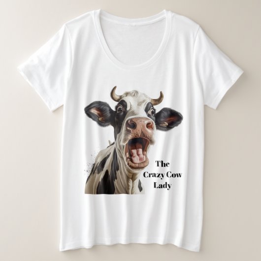 おもしろい熱狂する牛女性カスタマイズ プラスサイズTシャツ (デザイン正面)