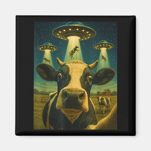 おもしろい牛の牧場エイリアンセルフィーUFO動物園少年少女子供 マグネット (正面)