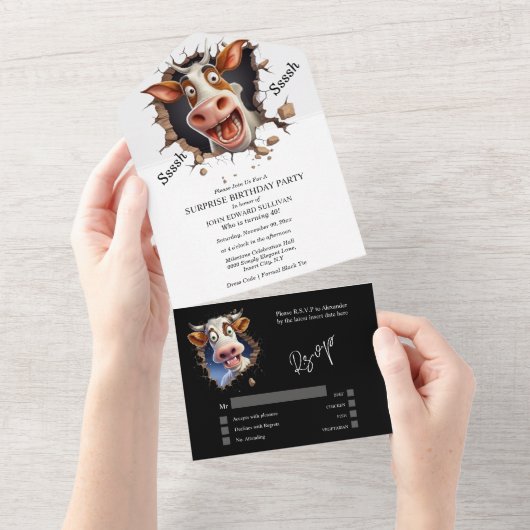 おもしろい牛の驚きのパーティー退職 オールインワン招待状 (貼ってはがせる)