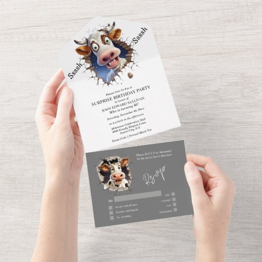 おもしろい牛サプライズパーティーディナーダンス オールインワン招待状 (貼ってはがせる)