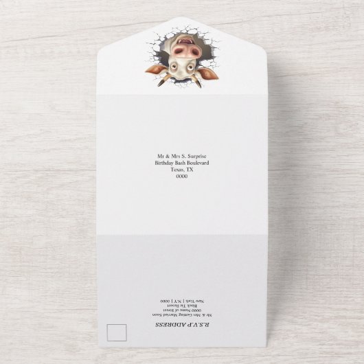 おもしろい牛サプライズパーティー農家動物 オールインワン招待状 (外側)