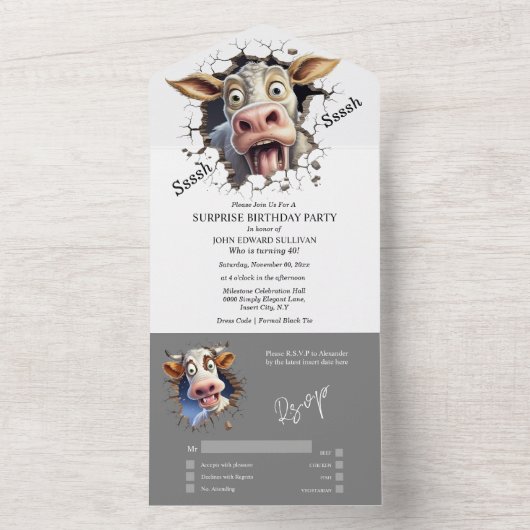 おもしろい牛サプライズパーティー農家動物 オールインワン招待状 (内側)