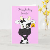 おもしろい牛マンガカスタムー・ピンク誕生日カード カード (黄色い花)