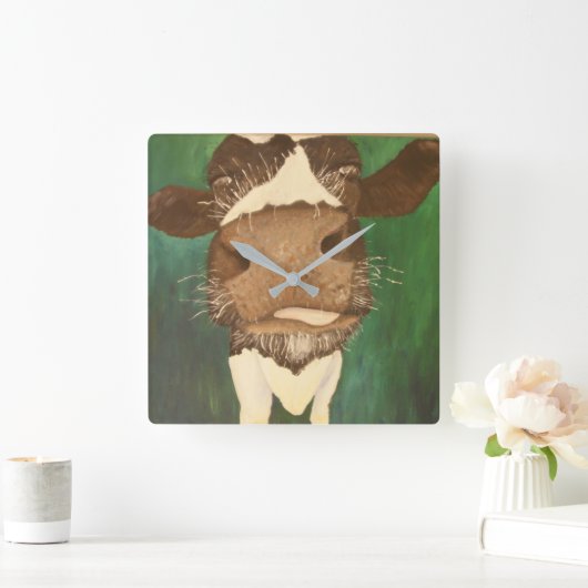 おもしろい牛絵画のタイトルGiz好み スクエア壁時計 (ホーム)