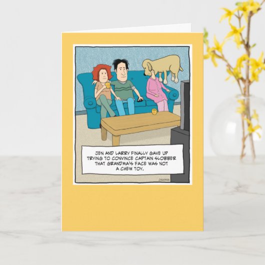 おもしろい犬かみ玩具誕生日 カード (黄色い花)