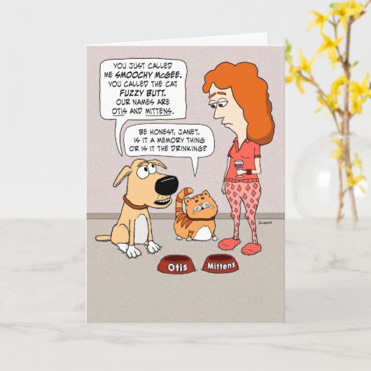 おもしろい犬と猫が飼い主の誕生日を心配 カード (黄色い花)