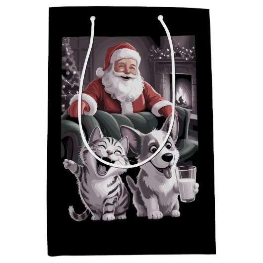 おもしろい犬と猫の自撮りサンタ・クリスマス ミディアムペーパーバッグ (正面)