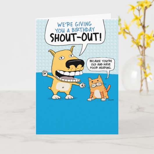 おもしろい犬と猫の誕生日が叫び声 カード (黄色い花)