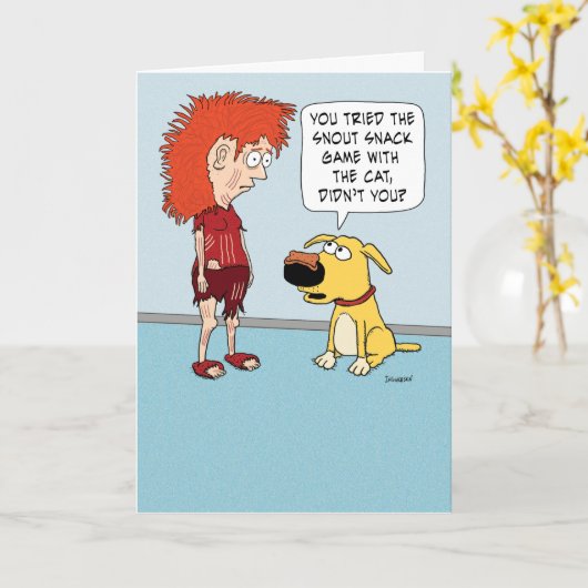 おもしろい犬と猫スナックゲーム誕生日 カード (黄色い花)