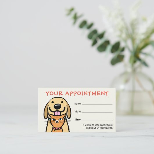 おもしろい犬と猫ペットケアアポイントメントアラーム 名刺 (スタンド正面)