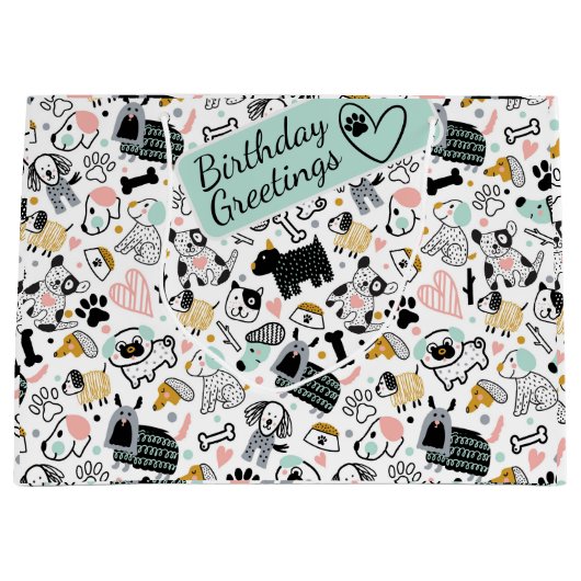 おもしろい犬のドードルの子供のシームレスなパターン ラージペーパーバッグ (正面)