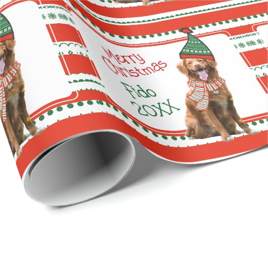 おもしろい犬の写真と小妖精や小人帽子とスカーフのクリスマス ラッピングペーパー (ロールコーナー)