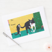 おもしろい犬の遊クリスマスツリーからステッカーへ 長方形シール (封筒)