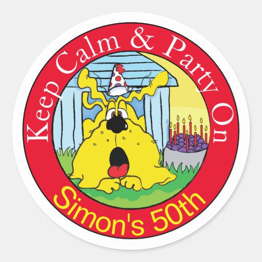 おもしろい犬はっ!誕生日パーティー ラウンドシール (正面)