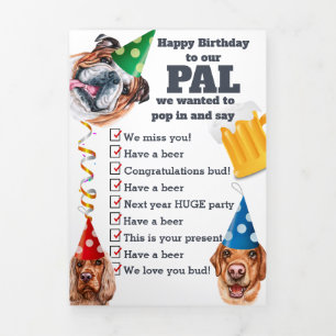 おもしろい犬は集団パーティーハットでビールを流す 三つ折りクリスマスカード