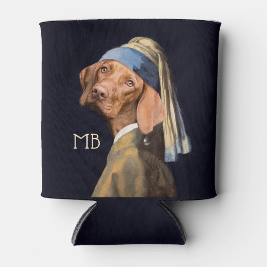 おもしろい犬ガールとパールイヤリングバーメイアパロディ 缶クーラー (正面)