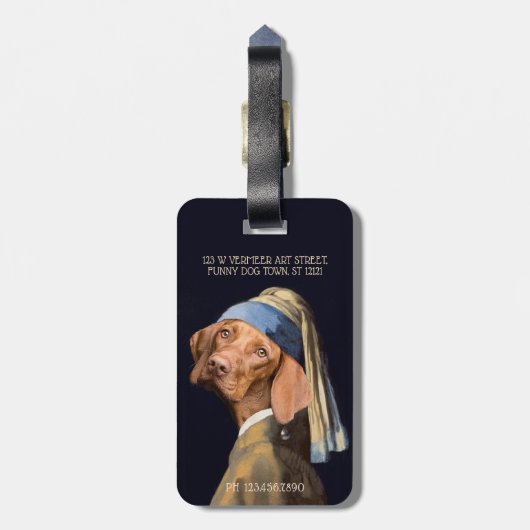 おもしろい犬ガールと真珠のイヤリングベルメア·パロディ ラゲッジタグ (裏面縦)