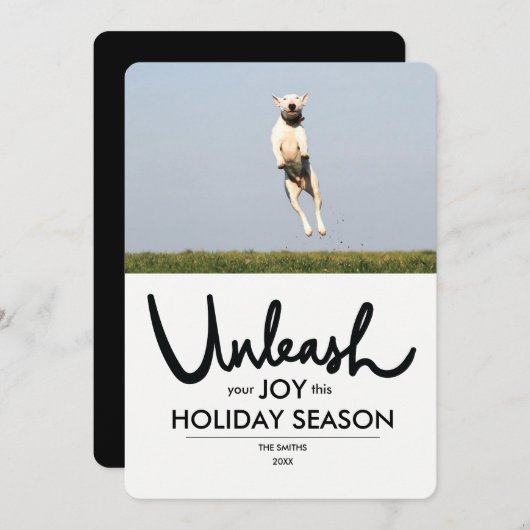 おもしろい犬クリスマスフォトカード | 喜びを解き放つ シーズンカード (正面/裏面)