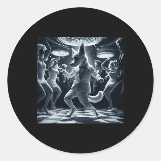 おもしろい犬グラフィックティーディスコ踊り ラウンドシール (正面)