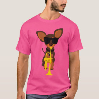 おもしろい犬サングラス遊のトランペット Tシャツ