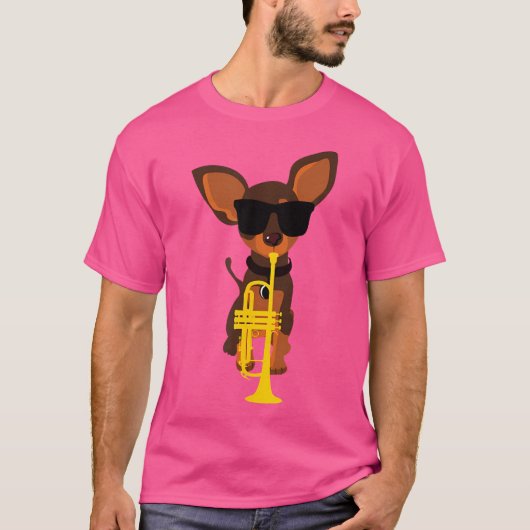 おもしろい犬サングラス遊のトランペット Tシャツ (正面)