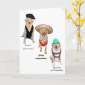 おもしろい犬ハッピーバースデー（4言語） カード (黄色い花)