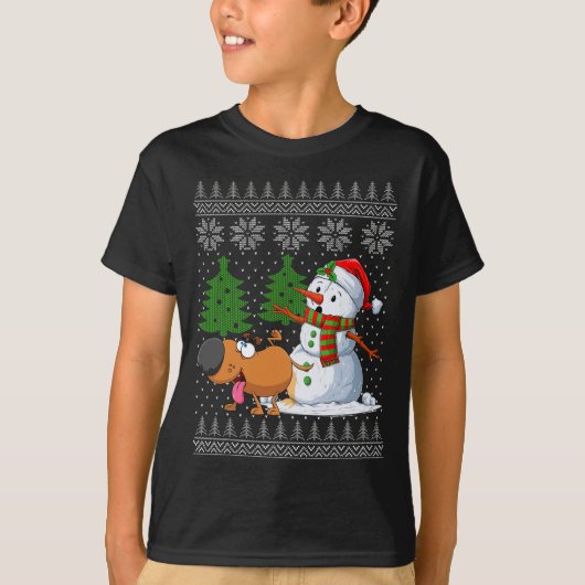 おもしろい犬ピーズオン雪だるま醜いクリスマスセーターX Tシャツ (正面)