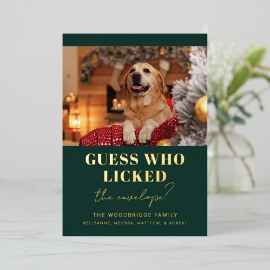 おもしろい犬フォトギャグクリスマス 箔シーズンカード (立ち正面)