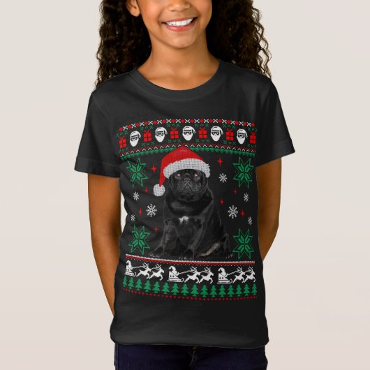 おもしろい犬ブラックパグ醜いクリスマスセーター Tシャツ (正面)