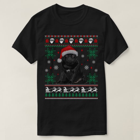 おもしろい犬ブラックパグ醜いクリスマスセーター Tシャツ (デザイン正面)