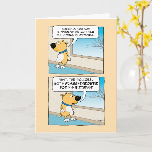 おもしろい犬リス誕生日 カード (黄色い花)