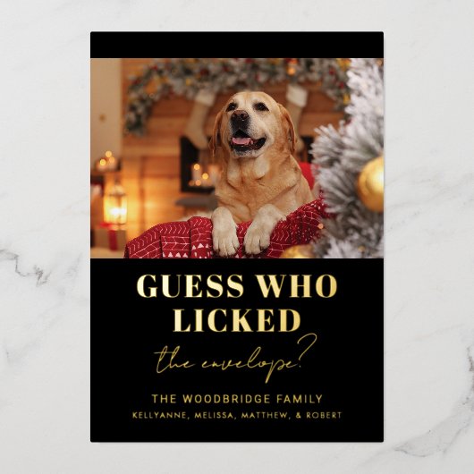 おもしろい犬写真の推測クリスマス 箔シーズンカード (正面)