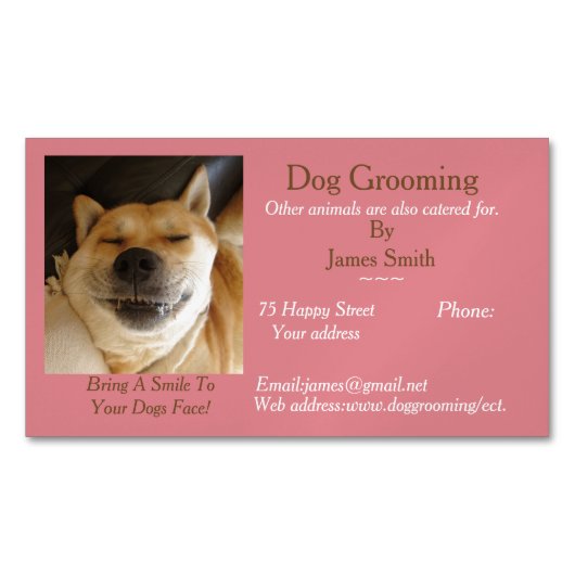 おもしろい犬写真ドッググルーミングペットケアサービス マグネット名刺 (正面)