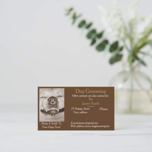 おもしろい犬写真犬グルーミングペットケアサービス 名刺 (スタンド正面)